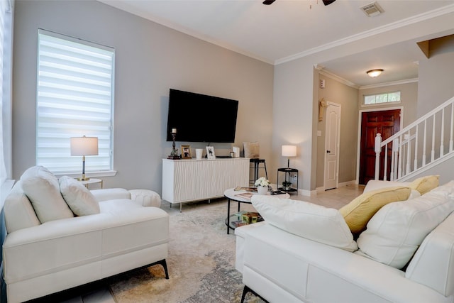 5339 Canyon Hollow Dr, Houston, TX 77084 - living area with stairs, a ceiling fan, crown molding, and baseboards