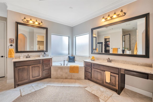 40610 Ithaca Ln, Magnolia, TX 77354 - bathroom featuring tile patterned flooring, crown molding, a bath, and two vanities