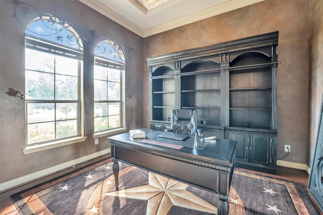 40610 Ithaca Ln, Magnolia, TX 77354 - office area with baseboards, wood finished floors, and ornamental molding