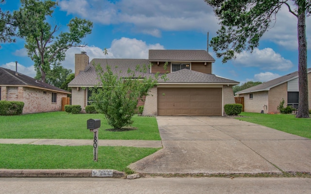 18011 Glenledi Dr, Houston, TX 77084 - view of front of home with a garage, a chimney, concrete driveway, brick siding, and a front yard