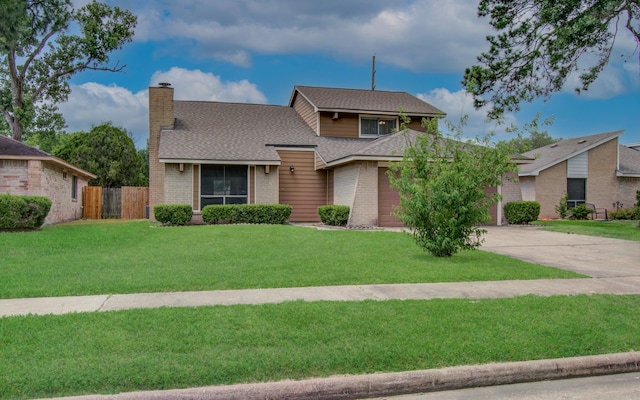 18011 Glenledi Dr, Houston, TX 77084 - view of front facade with driveway, a chimney, brick siding, a shingled roof, and an attached garage