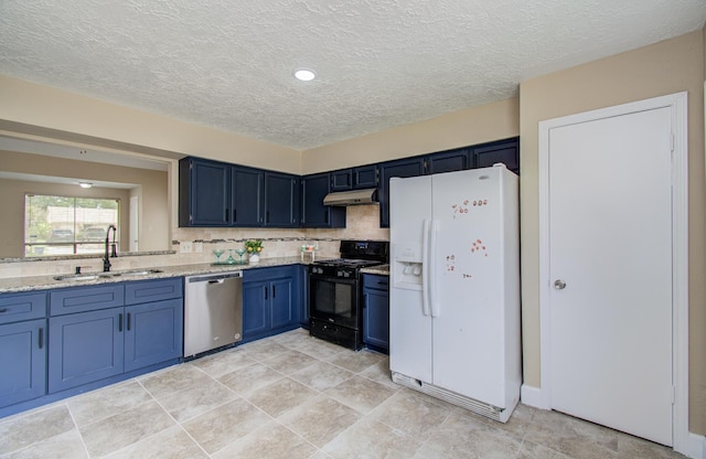 18011 Glenledi Dr, Houston, TX 77084 - kitchen with white fridge with ice dispenser, black range with gas stovetop, stainless steel dishwasher, a sink, and under cabinet range hood