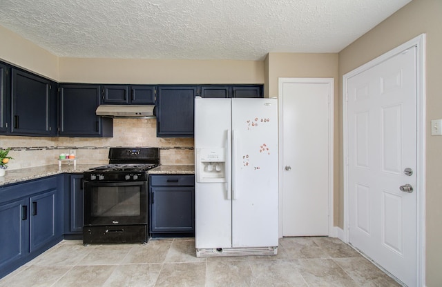 18011 Glenledi Dr, Houston, TX 77084 - kitchen with white refrigerator with ice dispenser, gas stove, under cabinet range hood, decorative backsplash, and a textured ceiling
