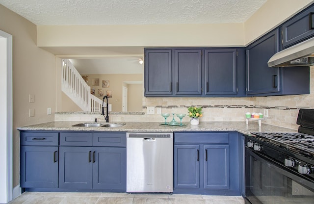 18011 Glenledi Dr, Houston, TX 77084 - kitchen featuring dishwasher, black gas range, a sink, a textured ceiling, and under cabinet range hood