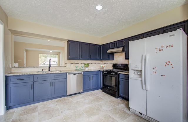 18011 Glenledi Dr, Houston, TX 77084 - kitchen with white refrigerator with ice dispenser, dishwasher, black gas range oven, under cabinet range hood, and a sink