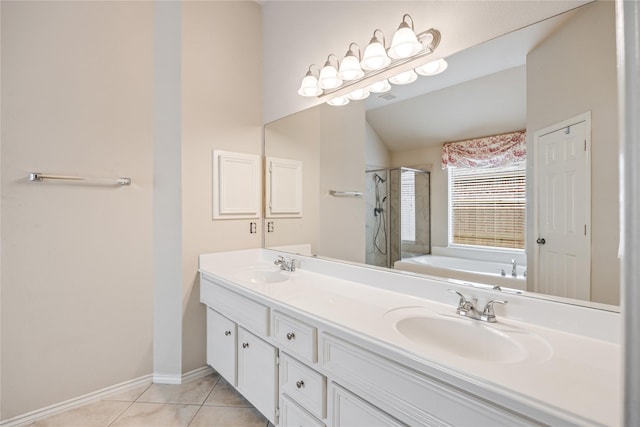31827 Oak Thicket Ct, Conroe, TX 77385 - full bath with a shower stall, a garden tub, double vanity, and tile patterned floors
