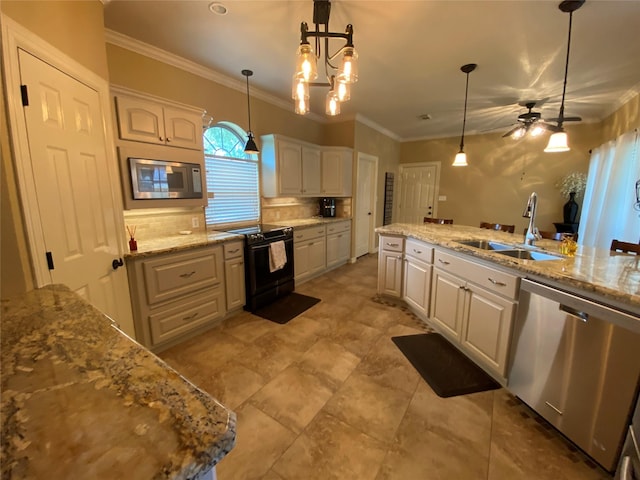 216 Dewberry Dr, Lake Jackson, TX 77566 - kitchen with stainless steel appliances, a sink, white cabinetry, a ceiling fan, and pendant lighting