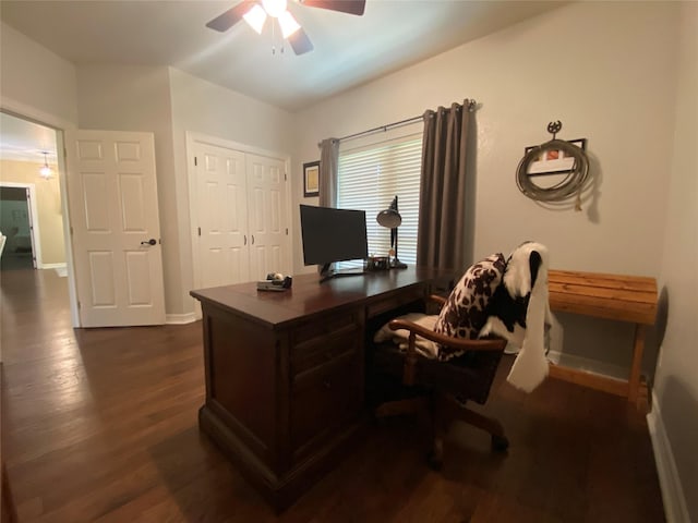 216 Dewberry Dr, Lake Jackson, TX 77566 - home office featuring dark wood-style floors, ceiling fan, and baseboards