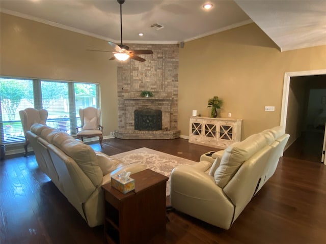 216 Dewberry Dr, Lake Jackson, TX 77566 - living room with wood finished floors, a ceiling fan, crown molding, a fireplace, and recessed lighting