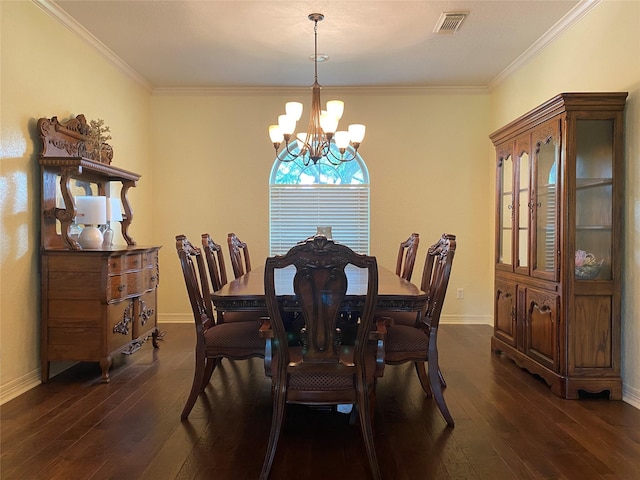 216 Dewberry Dr, Lake Jackson, TX 77566 - dining space featuring dark wood-style floors, a chandelier, crown molding, and baseboards