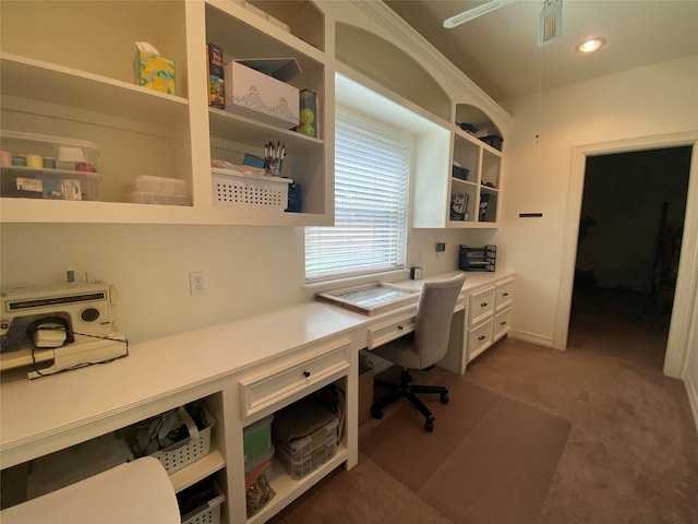 216 Dewberry Dr, Lake Jackson, TX 77566 - carpeted home office with built in study area and ceiling fan
