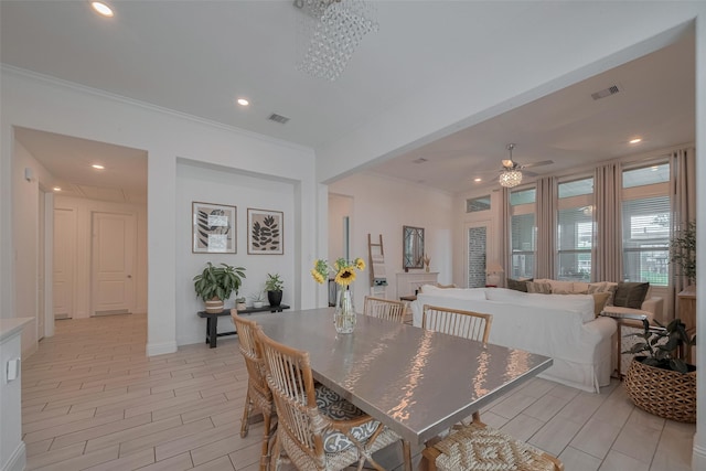 10615 Winding Arbor Ct, Cypress, TX 77433 - dining room with ceiling fan, ornamental molding, recessed lighting, and baseboards
