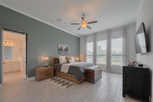 10615 Winding Arbor Ct, Cypress, TX 77433 - bedroom featuring baseboards, crown molding, a ceiling fan, and connected bathroom