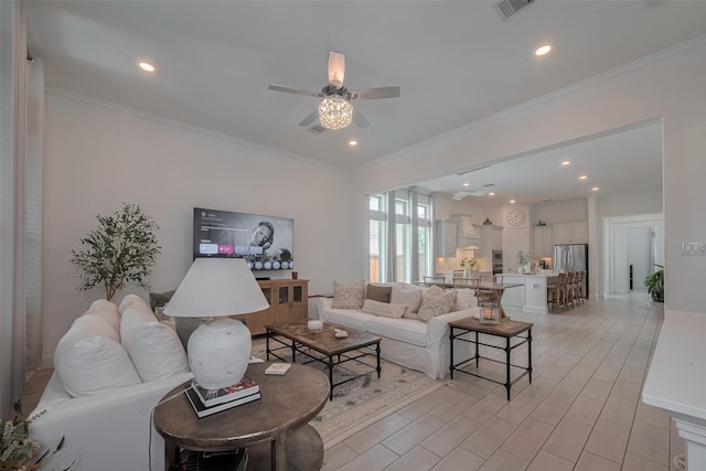 10615 Winding Arbor Ct, Cypress, TX 77433 - living area with ceiling fan, ornamental molding, and recessed lighting