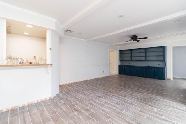 1918 Thousand Pines Dr, Houston, TX 77339 - unfurnished living room with a ceiling fan, ornamental molding, wood finished floors, and a dry bar
