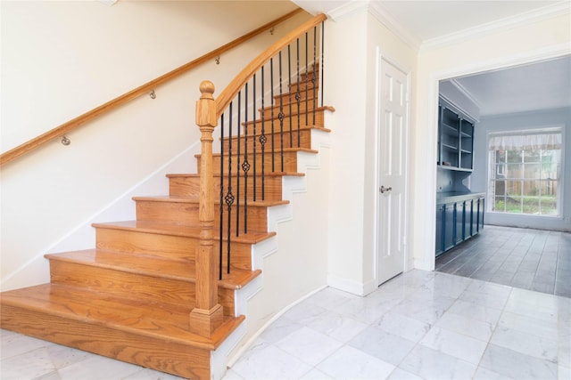 1918 Thousand Pines Dr, Houston, TX 77339 - stairway featuring baseboards, ornamental molding, and marble look tiles