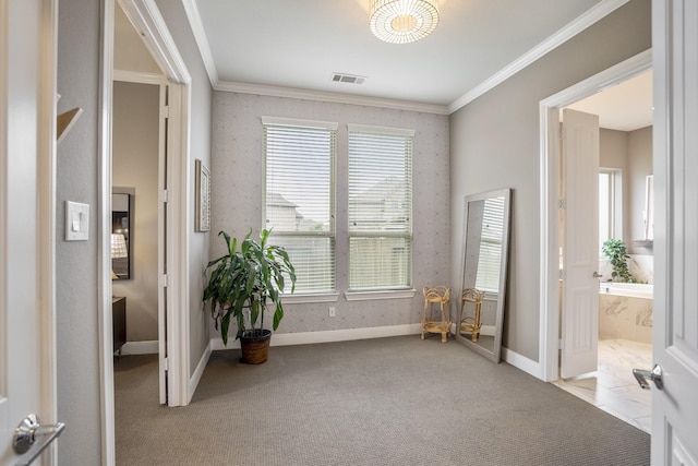28203 Middlewater View Ln, Katy, TX 77494 - living area with ornamental molding, carpet, wallpapered walls, and baseboards