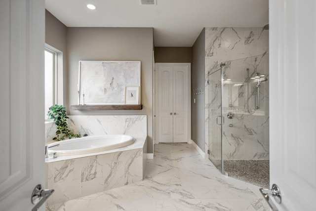 28203 Middlewater View Ln, Katy, TX 77494 - bathroom with a marble finish shower, a bath, marble tiled flooring, and recessed lighting