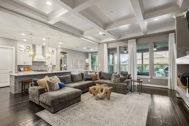 28203 Middlewater View Ln, Katy, TX 77494 - living room with dark wood-type flooring, coffered ceiling, beam ceiling, recessed lighting, and a chandelier