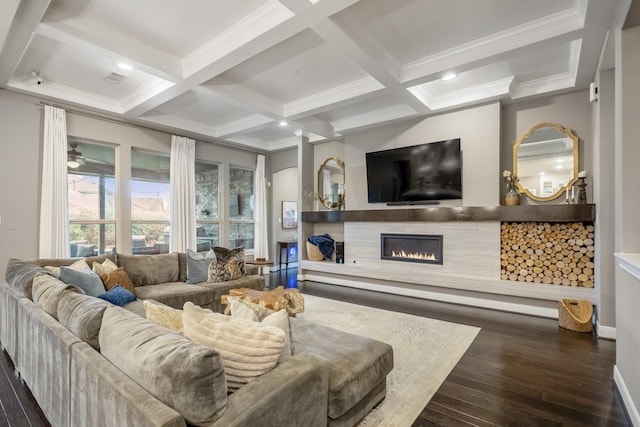 28203 Middlewater View Ln, Katy, TX 77494 - living area with dark wood finished floors, a glass covered fireplace, coffered ceiling, beam ceiling, and ornamental molding