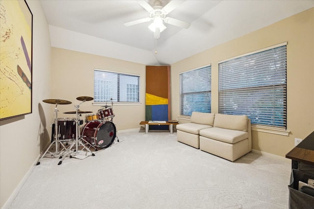 4436 Holt St, Bellaire, TX 77401 - rec room featuring carpet floors, ceiling fan, baseboards, and lofted ceiling