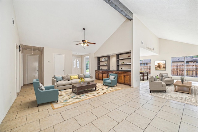 2302 Bright Meadows Dr, Missouri City, TX 77489 - living room featuring high vaulted ceiling, light tile patterned floors, ceiling fan, attic access, and beamed ceiling