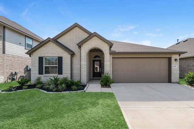 21411 Waldenburg Pl, Tomball, TX 77375 - french country home featuring brick siding, a front lawn, driveway, an attached garage, and a shingled roof