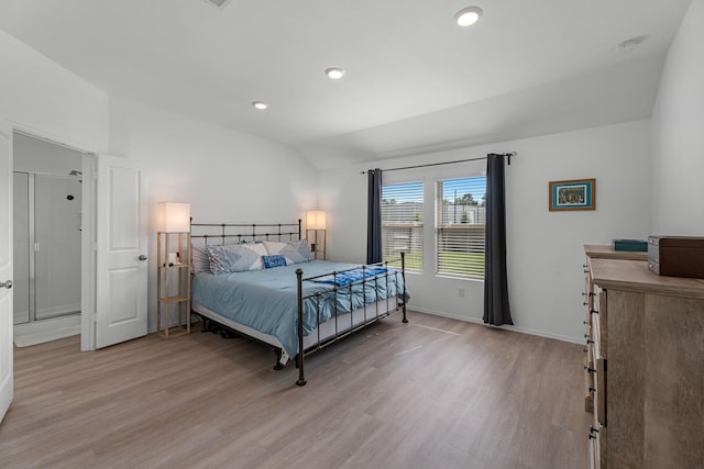 21411 Waldenburg Pl, Tomball, TX 77375 - bedroom featuring light wood-style flooring, lofted ceiling, baseboards, and recessed lighting