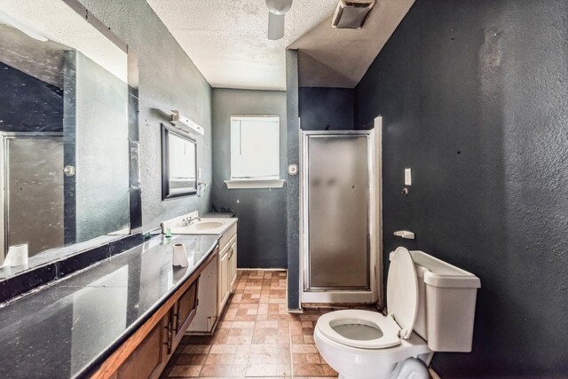 2005 Chestnut St, Houston, TX 77009 - full bath with a stall shower, toilet, vanity, a textured wall, and a textured ceiling