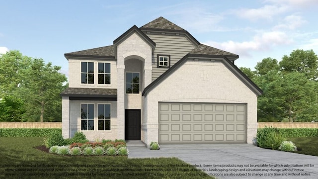 12027 Maple Oak Dr, Houston, TX 77066 - french country home with driveway, a garage, brick siding, and a shingled roof