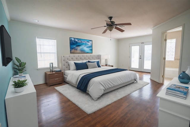 5507 W Bellfort Ave, Houston, TX 77035 - bedroom featuring ornamental molding, french doors, access to outside, dark wood-style floors, and baseboards