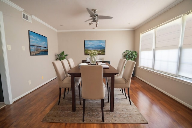5507 W Bellfort Ave, Houston, TX 77035 - dining space featuring baseboards, ceiling fan, wood finished floors, and ornamental molding