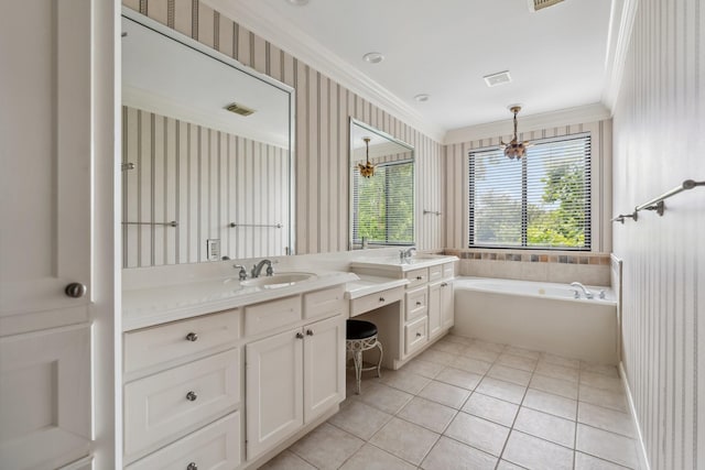 1335 Fairview Ave, Houston, TX 77006 - full bath featuring crown molding, wallpapered walls, tile patterned flooring, vanity, and a bath