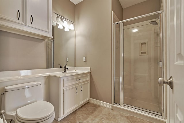 145 W Shore Dr, Montgomery, TX 77356 - bathroom with a stall shower, tile patterned floors, toilet, vanity, and baseboards