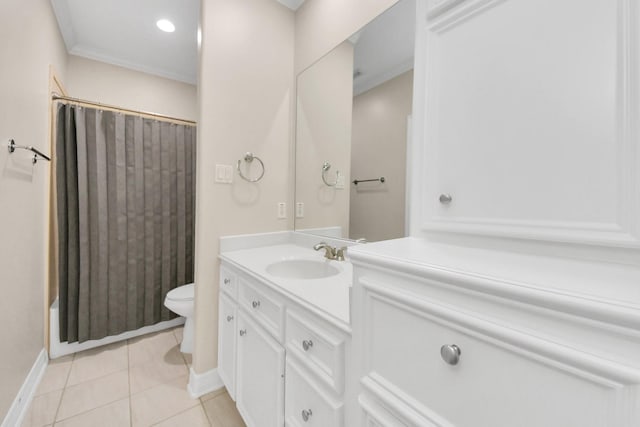 13523 Broadmeadow Ln, Houston, TX 77077 - bathroom featuring toilet, vanity, tile patterned flooring, baseboards, and ornamental molding