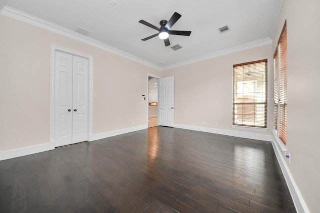 13523 Broadmeadow Ln, Houston, TX 77077 - unfurnished room with dark wood finished floors, a ceiling fan, ornamental molding, and baseboards
