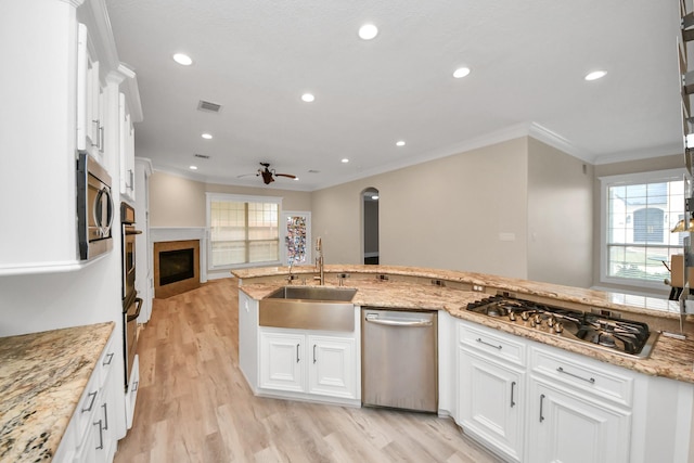 13523 Broadmeadow Ln, Houston, TX 77077 - kitchen featuring a sink, appliances with stainless steel finishes, a ceiling fan, crown molding, and a fireplace