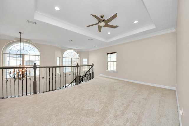 13523 Broadmeadow Ln, Houston, TX 77077 - unfurnished room featuring a raised ceiling, ceiling fan, carpet, recessed lighting, and crown molding