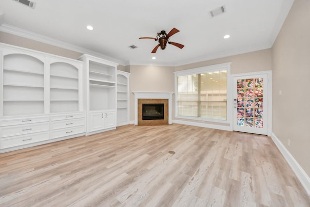 13523 Broadmeadow Ln, Houston, TX 77077 - unfurnished living room featuring a ceiling fan, crown molding, light wood-style flooring, recessed lighting, and a glass covered fireplace