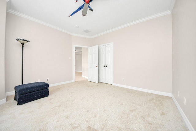 13523 Broadmeadow Ln, Houston, TX 77077 - unfurnished bedroom with crown molding, carpet flooring, baseboards, a closet, and ceiling fan