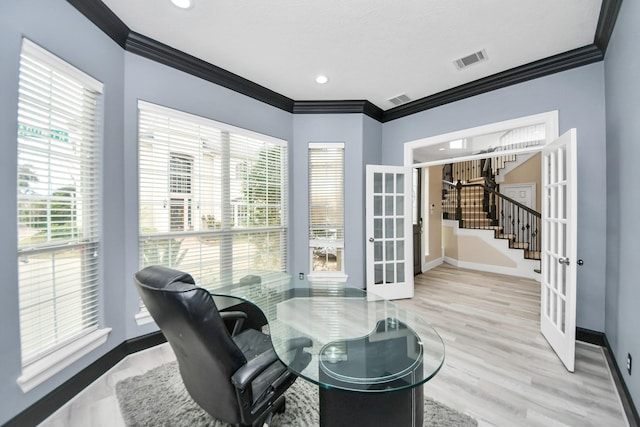 13523 Broadmeadow Ln, Houston, TX 77077 - living area featuring french doors, crown molding, baseboards, stairway, and light wood-style floors