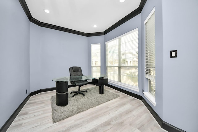 13523 Broadmeadow Ln, Houston, TX 77077 - office area featuring ornamental molding, light wood-style floors, baseboards, and recessed lighting