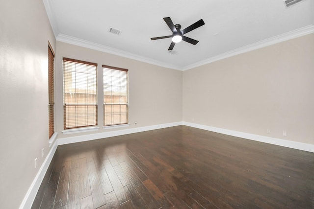 13523 Broadmeadow Ln, Houston, TX 77077 - spare room featuring dark wood finished floors, ornamental molding, a ceiling fan, and baseboards