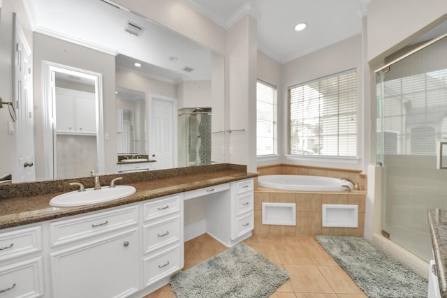 13523 Broadmeadow Ln, Houston, TX 77077 - full bathroom with a shower stall, ornamental molding, tile patterned floors, vanity, and a bath