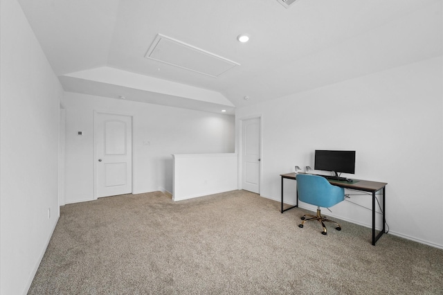 home office featuring carpet floors, attic access, recessed lighting, baseboards, and lofted ceiling