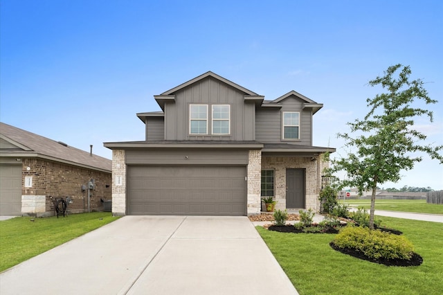 view of front facade featuring concrete driveway, a front lawn, a garage, and board and batten siding