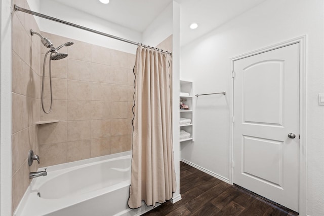 full bath with wood finished floors, shower / bath combination with curtain, and recessed lighting