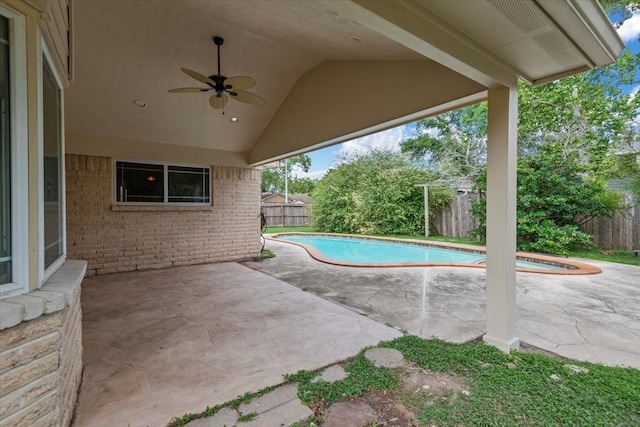 10203 Huntington Dale Dr, Houston, TX 77099 - view of swimming pool with a fenced backyard, ceiling fan, and a patio area