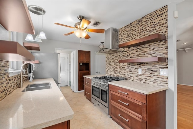 10203 Huntington Dale Dr, Houston, TX 77099 - kitchen featuring open shelves, stainless steel appliances, wall chimney range hood, backsplash, and a sink