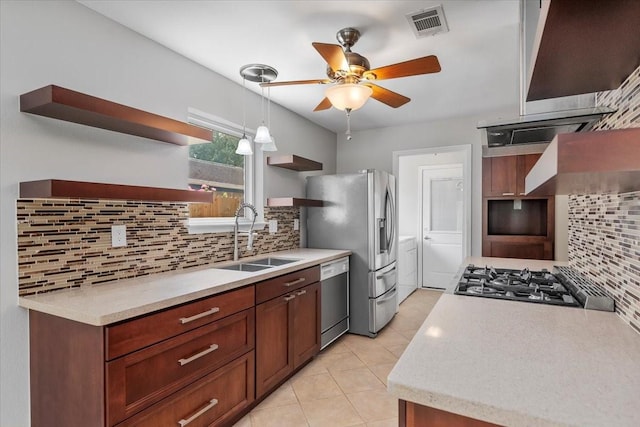 10203 Huntington Dale Dr, Houston, TX 77099 - kitchen with open shelves, a sink, appliances with stainless steel finishes, tasteful backsplash, and ceiling fan